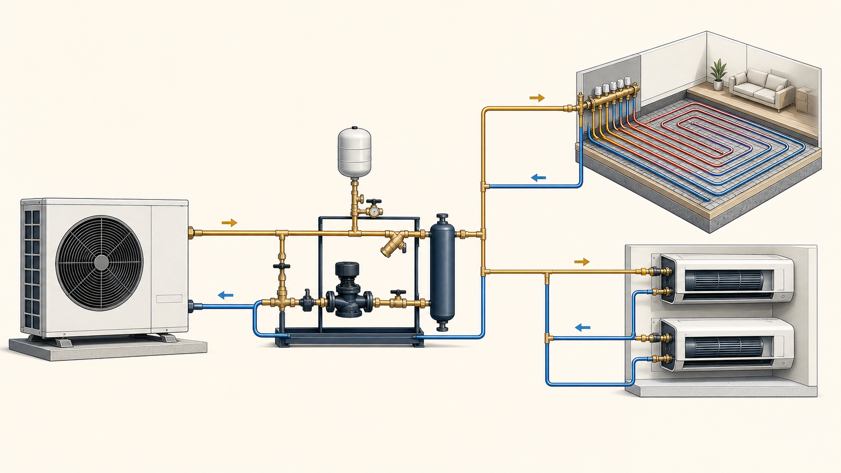 Application schematic connecting a GOLD heat pump to underfloor-heating and fan-coil circuits