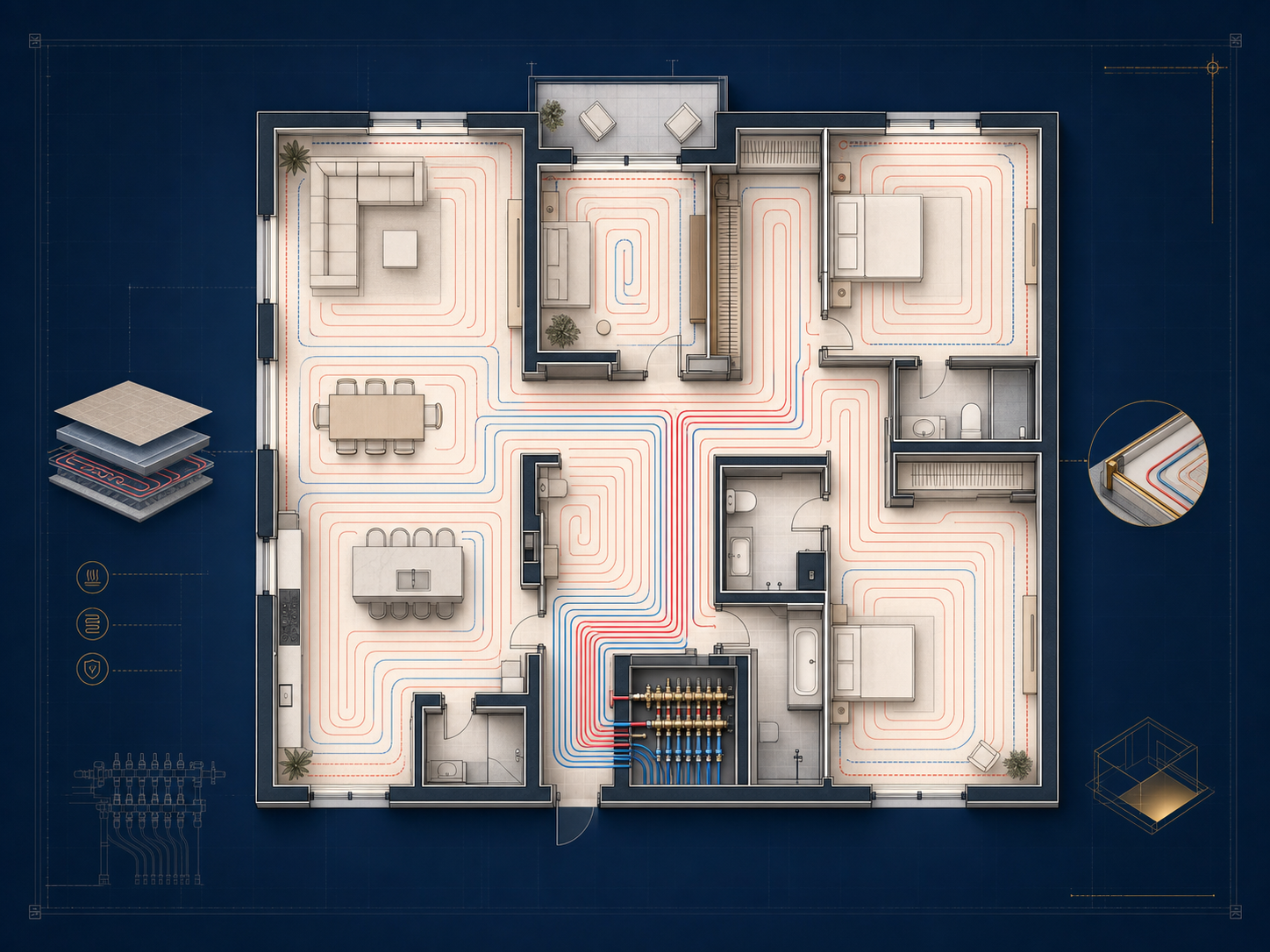 Illustrative hydronic underfloor-heating loop plan connected to a central manifold